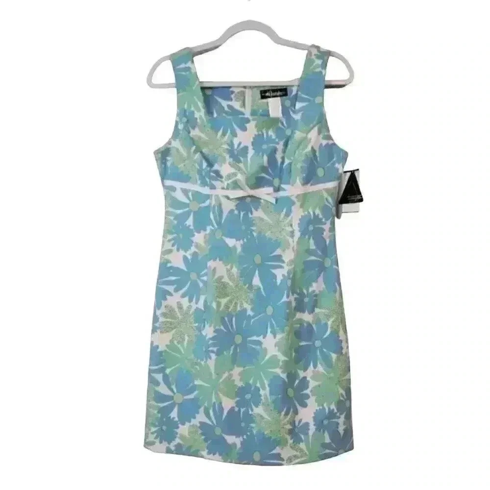 NWT Vintage City Triangles Baby Doll Dress Size 12 Blue Floral Sheath 90s Y2K